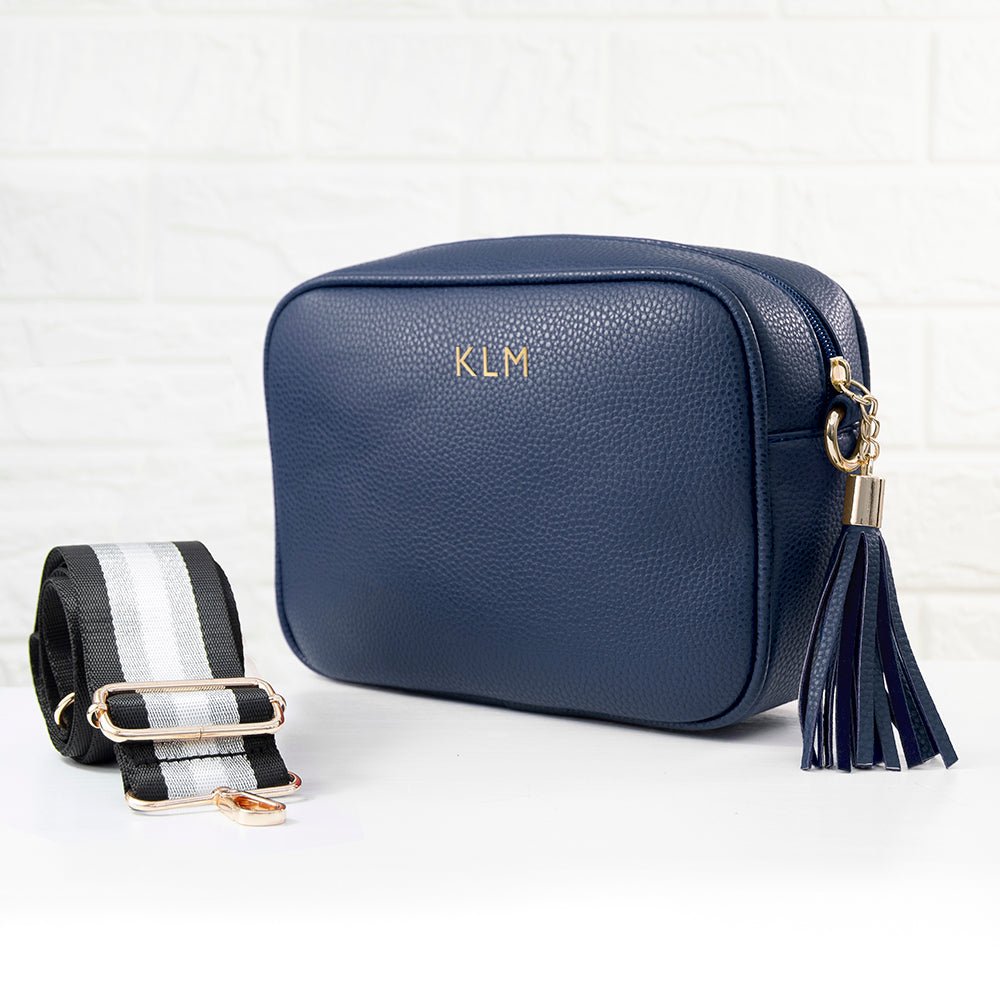 Personalised Vegan Leather Crossbody Bag in Navy - Engraved Memories