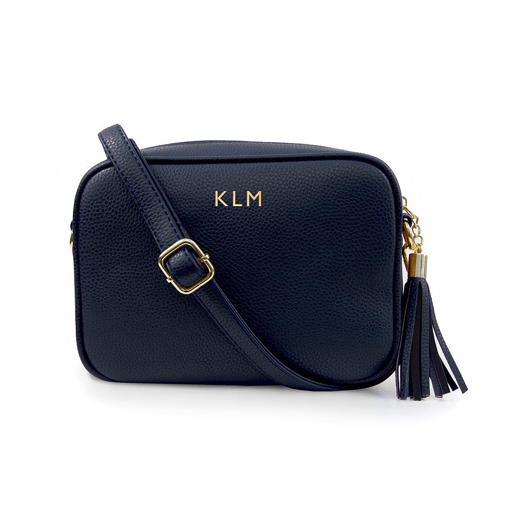 Personalised Vegan Leather Crossbody Bag in Navy - Engraved Memories