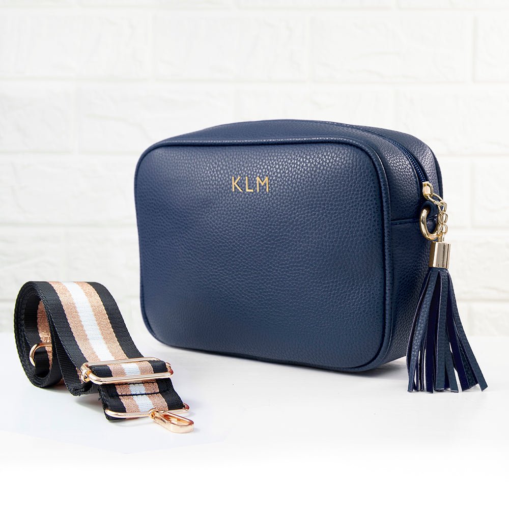 Personalised Vegan Leather Crossbody Bag in Navy - Engraved Memories