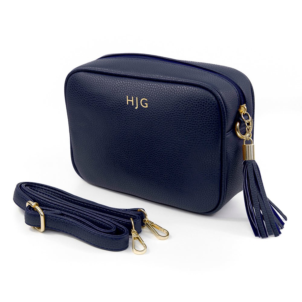 Personalised Vegan Leather Crossbody Bag in Navy - Engraved Memories