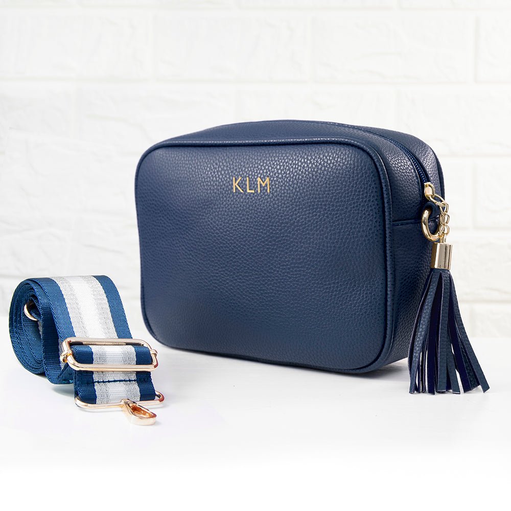 Personalised Vegan Leather Crossbody Bag in Navy - Engraved Memories