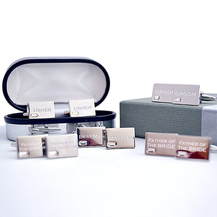 Engraved Swarovski crystal cufflinks for wedding, best man/groomsman gift, polished silver finish, 1.7x1.2cm.