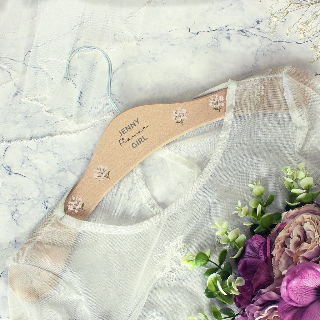 Personalised White Floral Wooden Hanger, Wedding Bridesmaid Gift - Engraved Memories