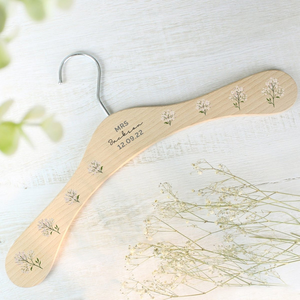 Personalised White Floral Wooden Hanger, Wedding Bridesmaid Gift - Engraved Memories