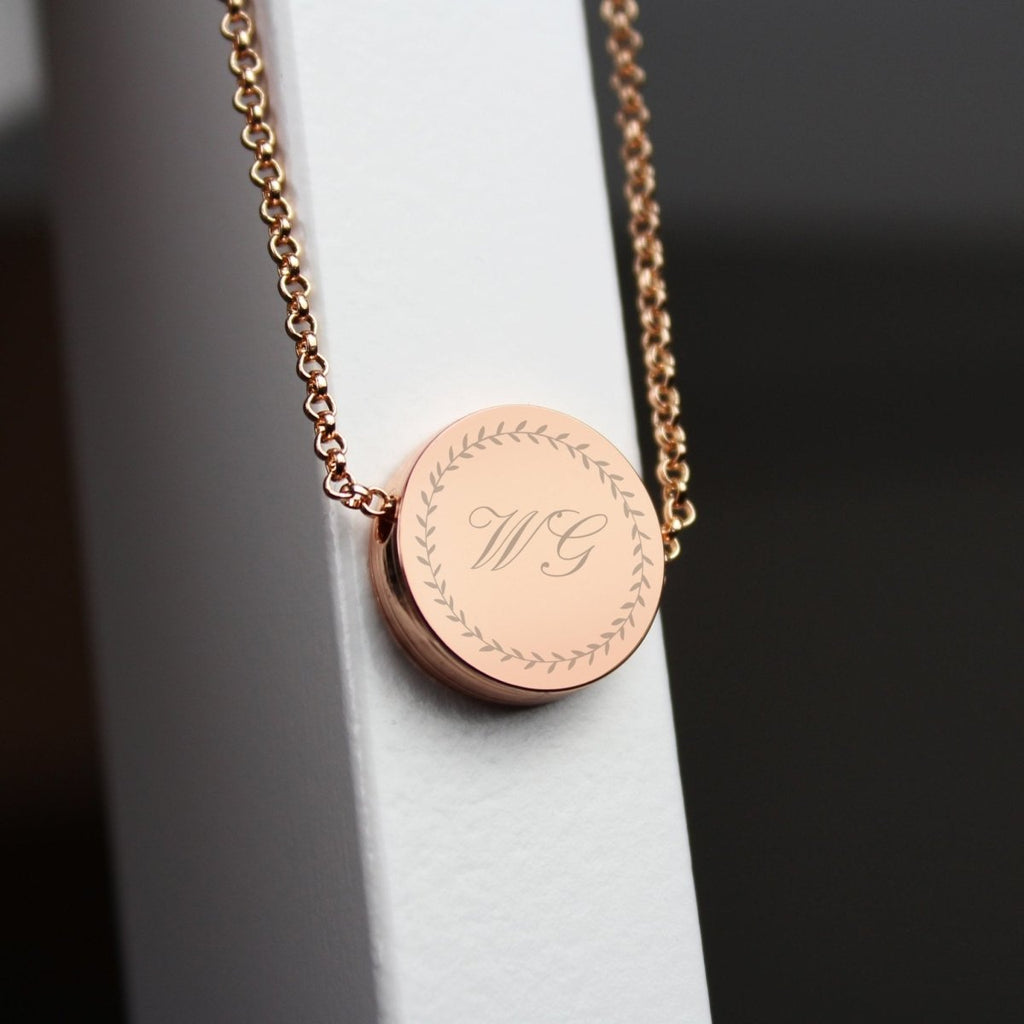 Personalised Wreath Initials Rose Gold Tone Disc Necklace - Engraved Memories
