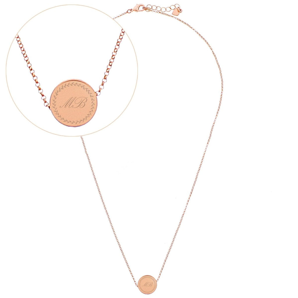 Personalised Wreath Initials Rose Gold Tone Disc Necklace - Engraved Memories