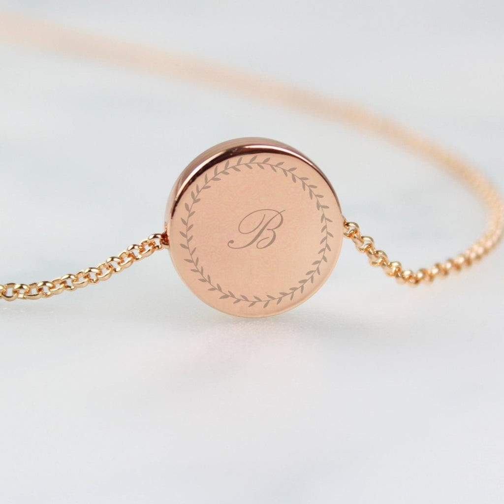 Personalised Wreath Initials Rose Gold Tone Disc Necklace - Engraved Memories