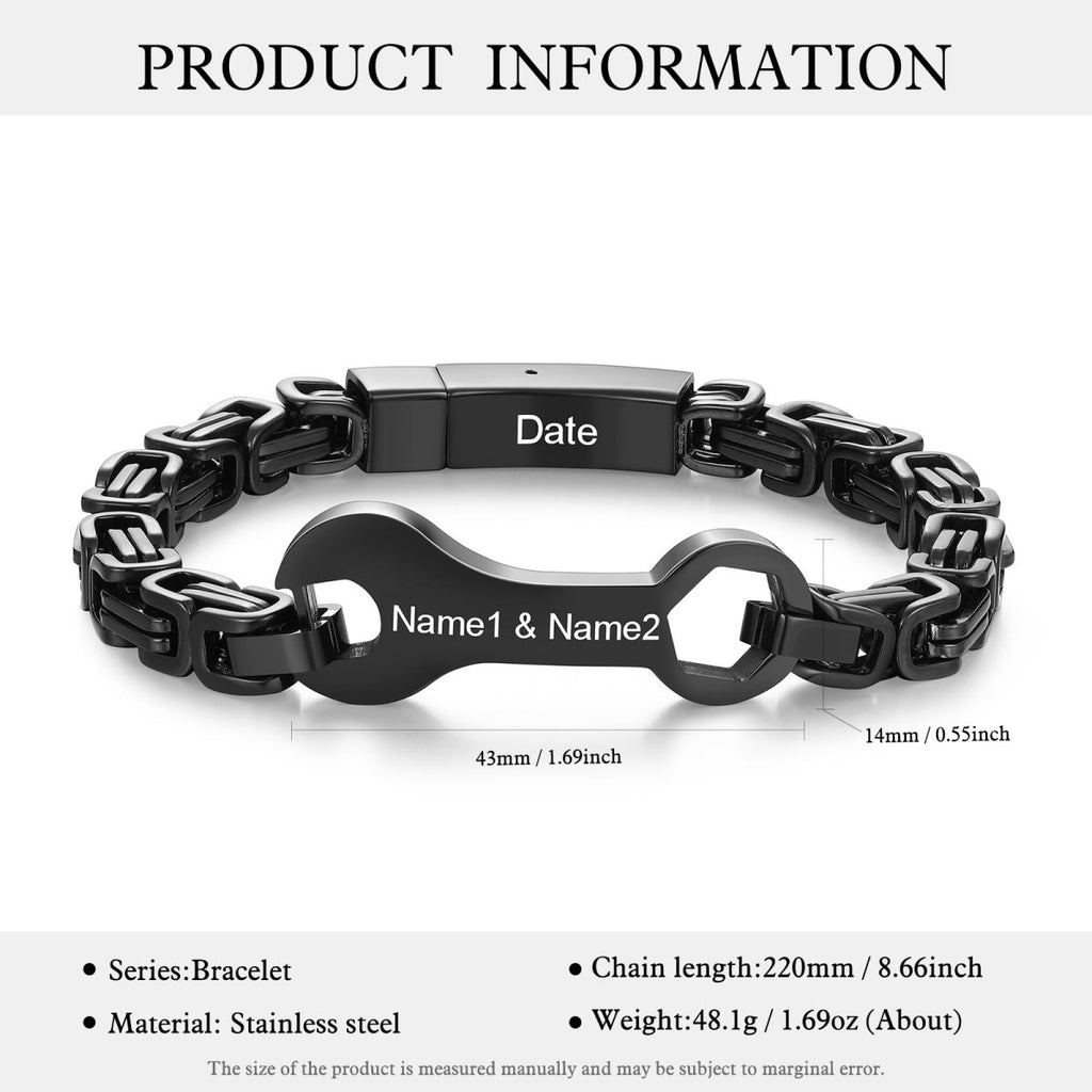 Personalised black stainless steel wrench bracelet (22cm), custom engraved with names & date— a perfect dad gift.