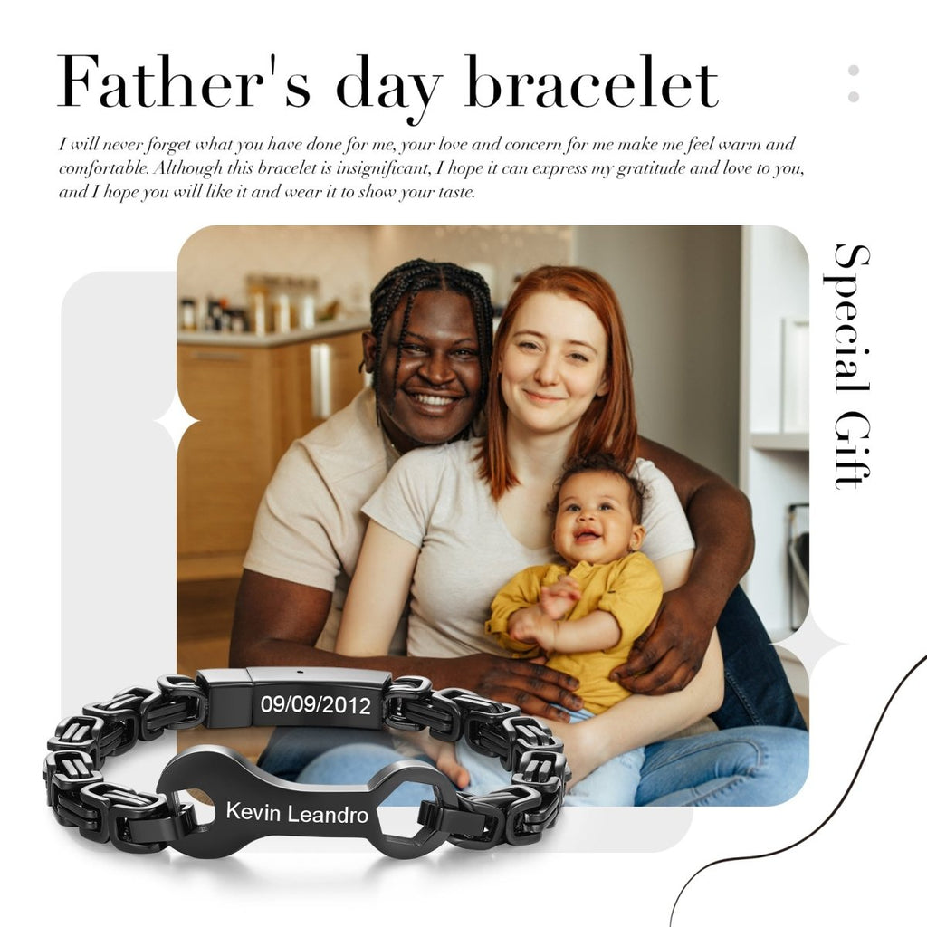 Personalised black stainless steel wrench bracelet (22cm), custom engraved with names & date— a perfect dad gift.