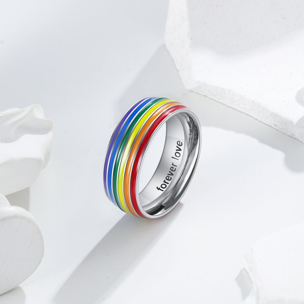 Personalized stainless steel rainbow LGBT ring, gold/white gold plated, US #7-#10, 5.3-6g.