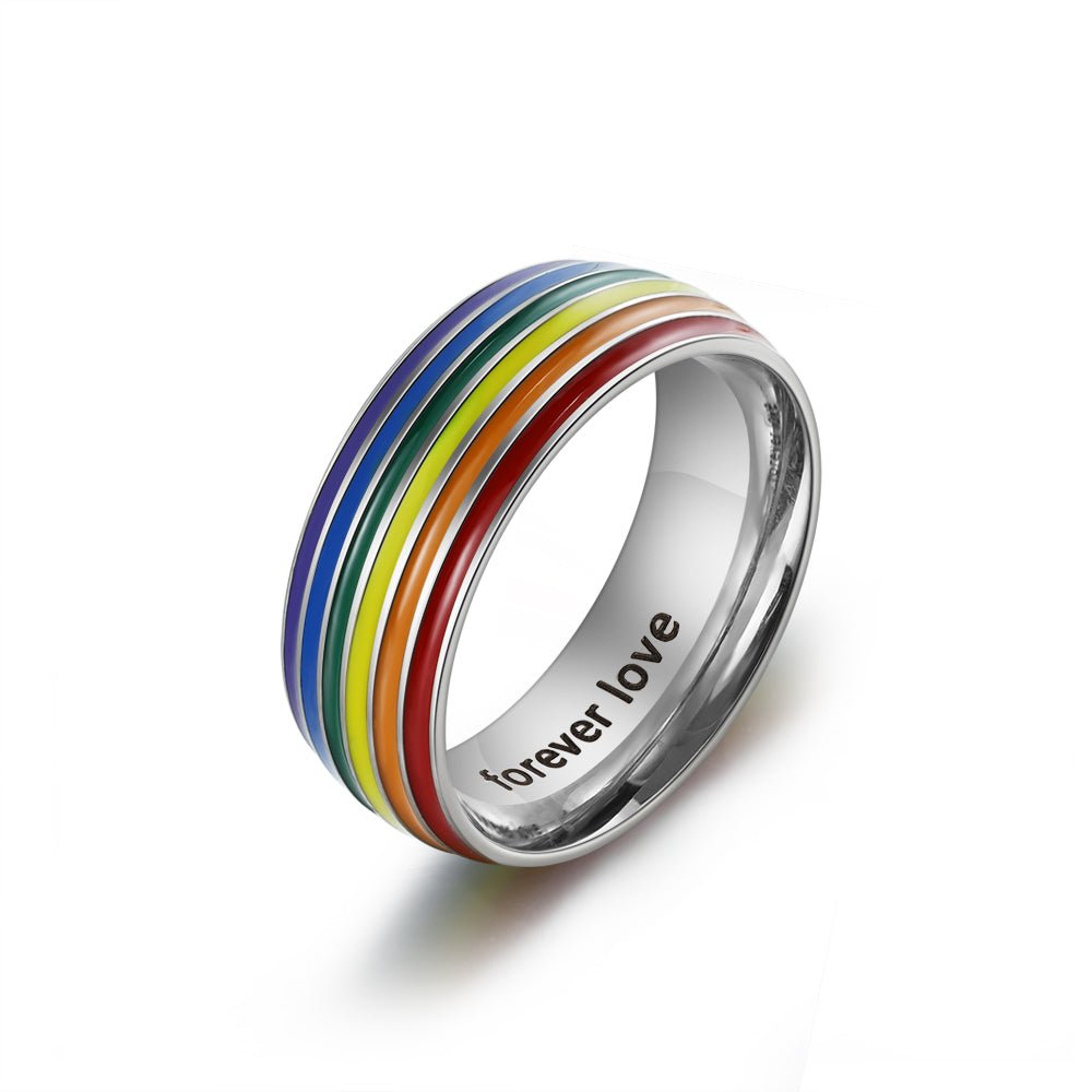 Personalized stainless steel rainbow LGBT ring, gold/white gold plated, US #7-#10, 5.3-6g.