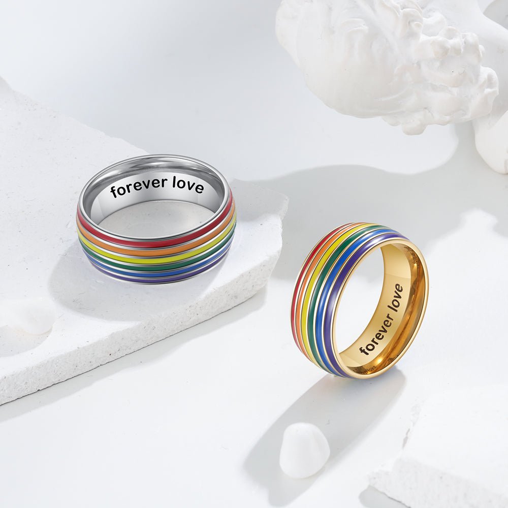 Personalized stainless steel rainbow LGBT ring, gold/white gold plated, US #7-#10, 5.3-6g.