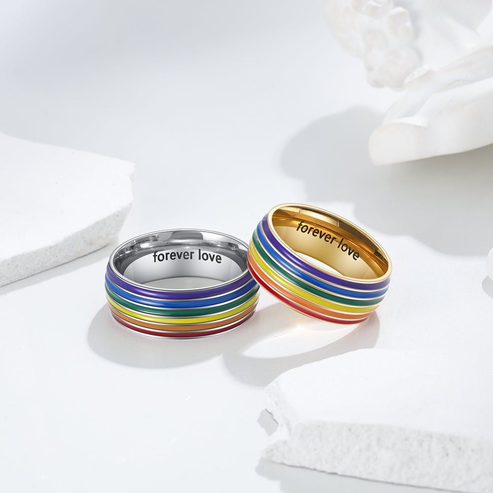 Personalized stainless steel rainbow LGBT ring, gold/white gold plated, US #7-#10, 5.3-6g.