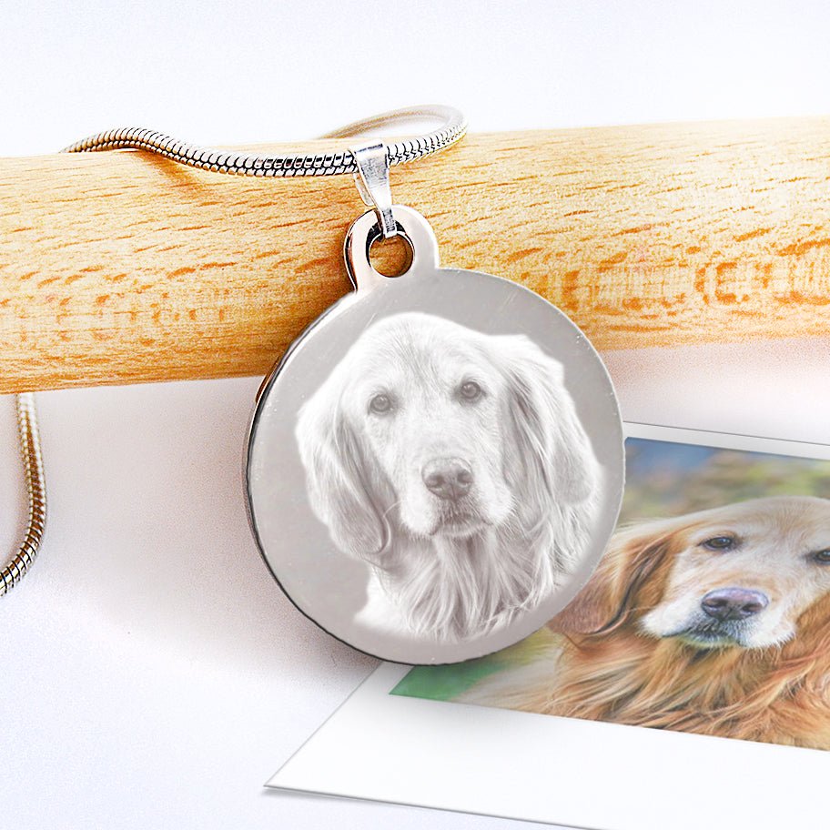 Pet Memorial Necklace | Photo and Message Engraved Round Pendant - Engraved Memories