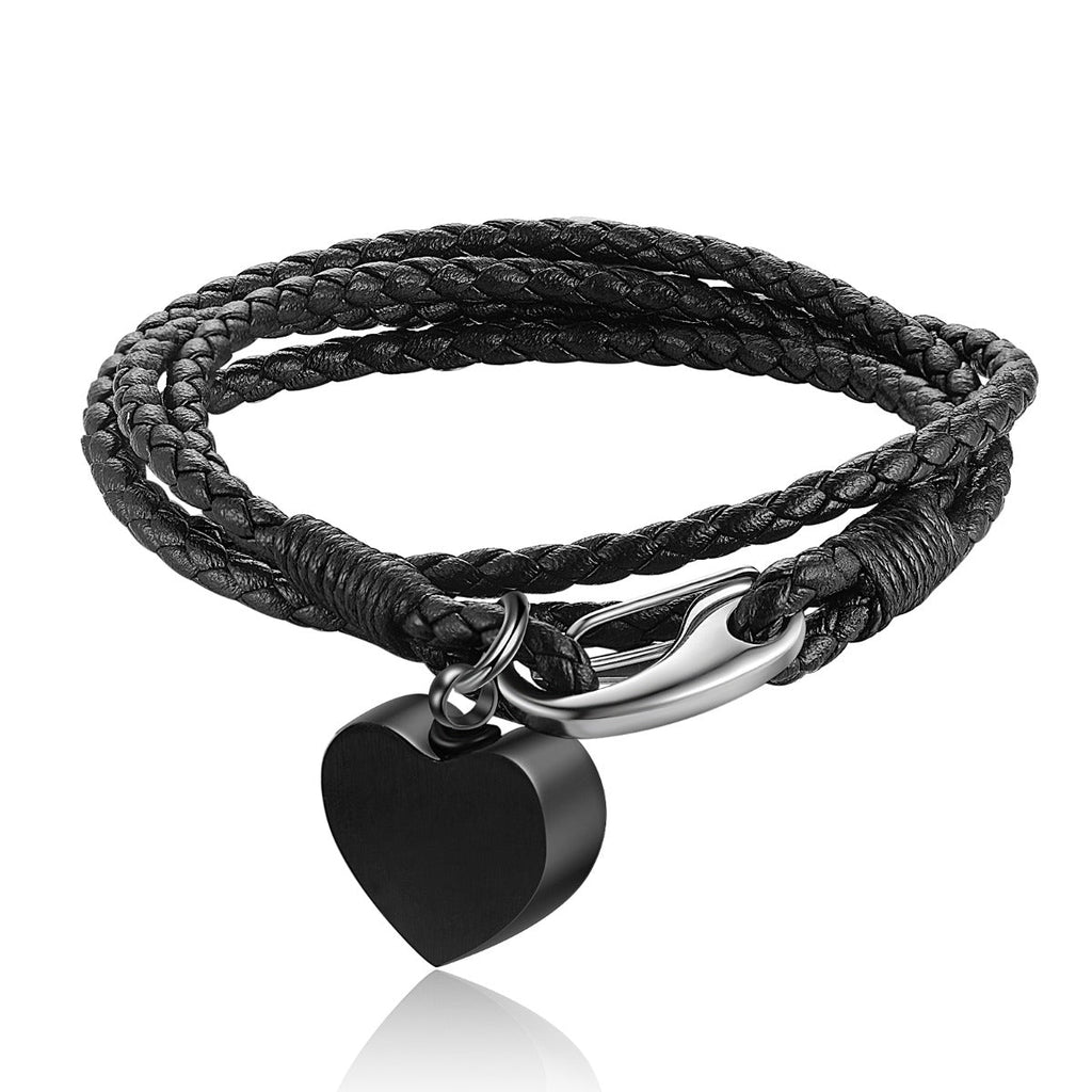Personalized photo charm bracelet, black leather and steel, heart-shaped photo, 21cm, 7.1g.