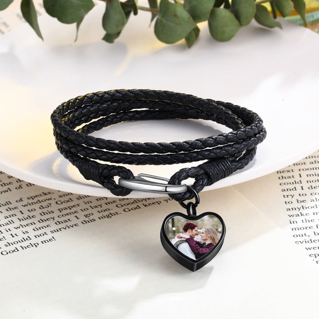 Photo Charm Bracelet, Black Leather and Steel Bracelet for Ladies, Anniversary gift, Friendship Bracelet, Memorial Bracelet - Engraved Memories