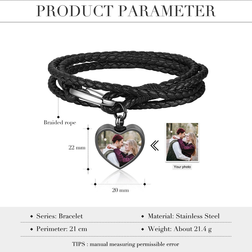 Personalized photo charm bracelet, black leather and steel, heart-shaped photo, 21cm, 7.1g.