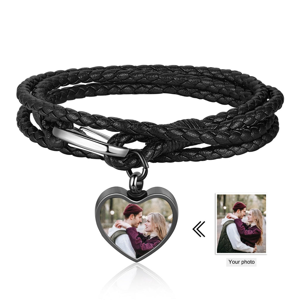 Personalized photo charm bracelet, black leather and steel, heart-shaped photo, 21cm, 7.1g.