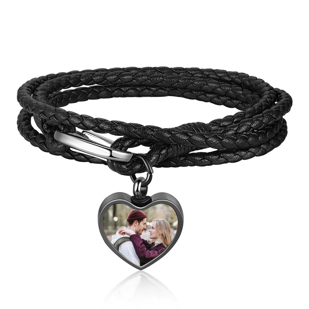 Personalized photo charm bracelet, black leather and steel, heart-shaped photo, 21cm, 7.1g.