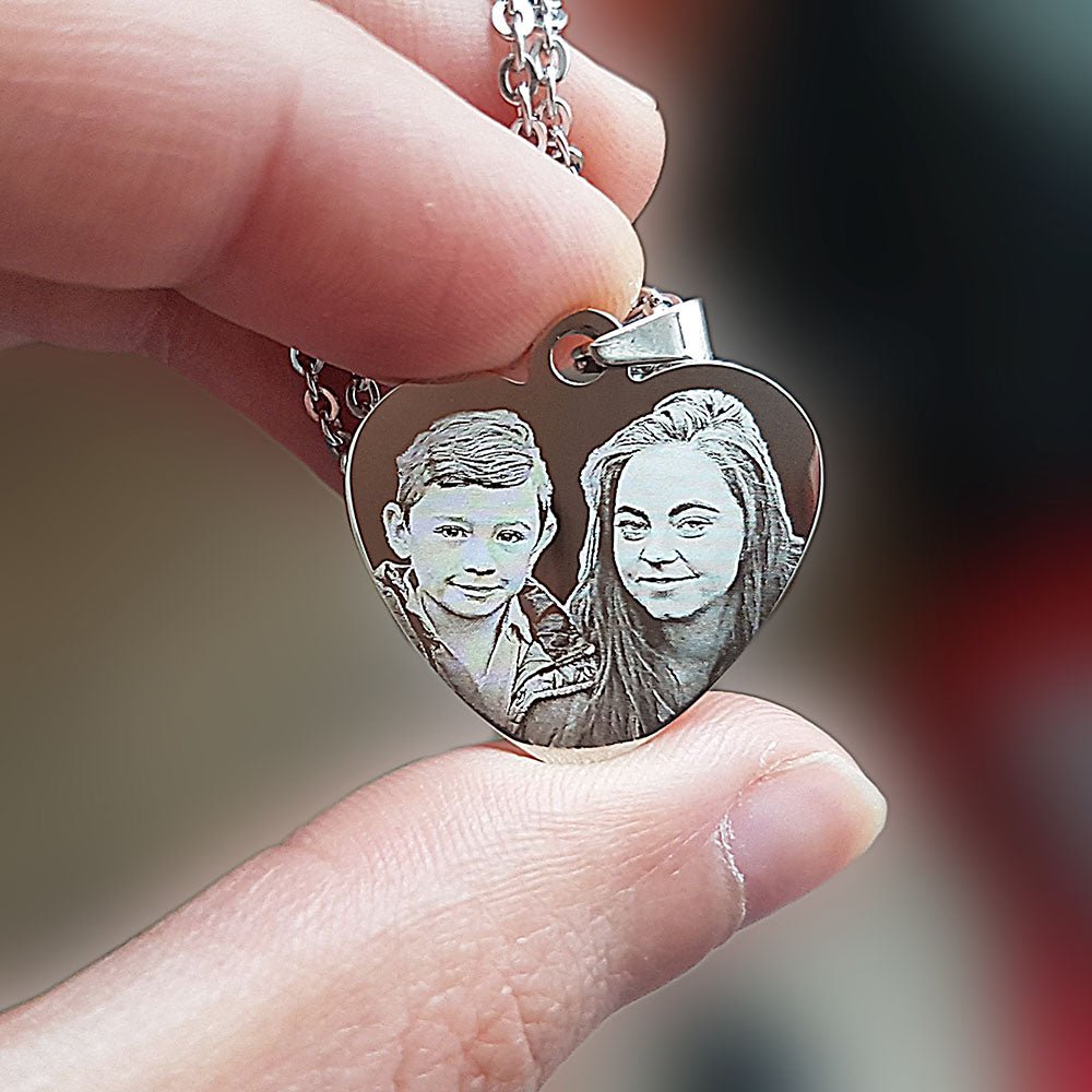 Photo engraved Heart Pendant with 22 inch Necklace Mother's day gift - Engraved Memories