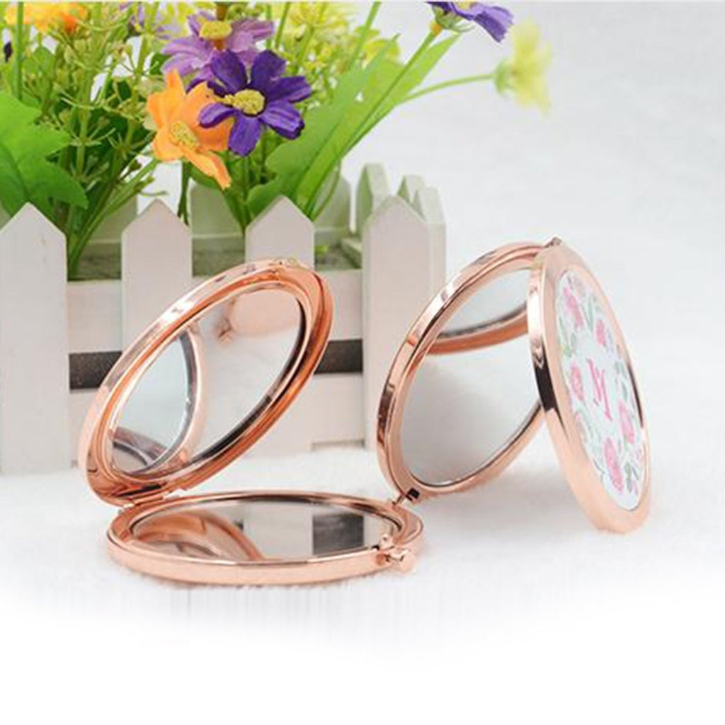 Personalized rose gold compact mirror with custom photo and text engraving, perfect Mother's Day gift.