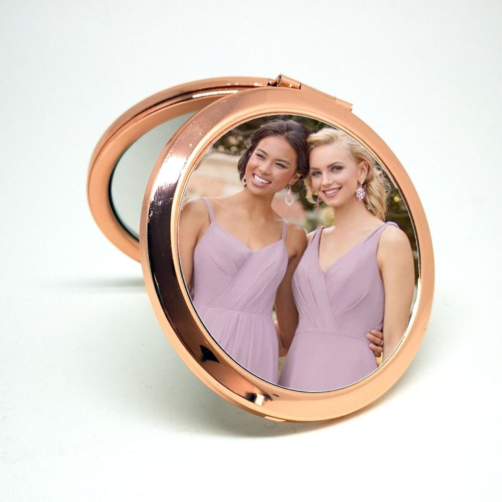 Personalized rose gold compact mirror with custom photo and text engraving, perfect Mother's Day gift.