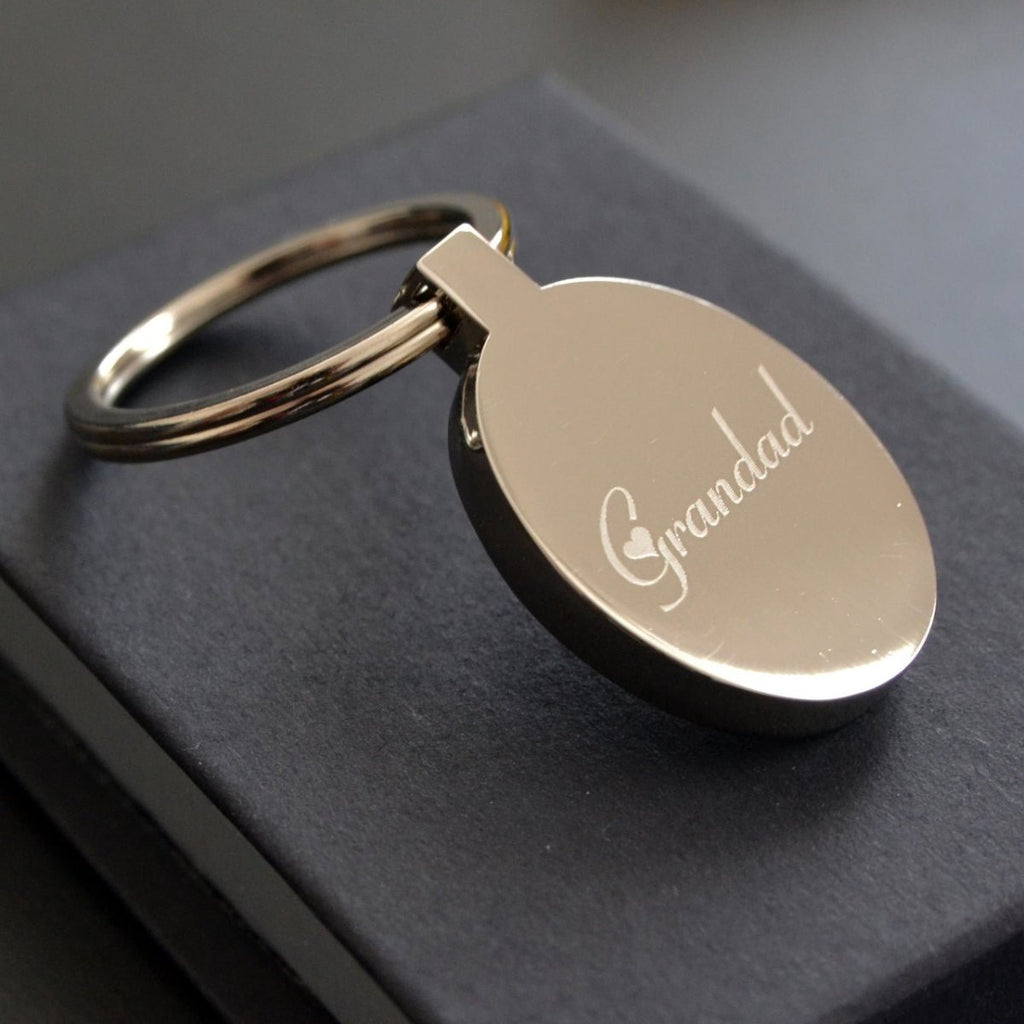 Engraved Oval Photo Keychain in mirror-finished stainless steel, customizable with photos, text, or logos.