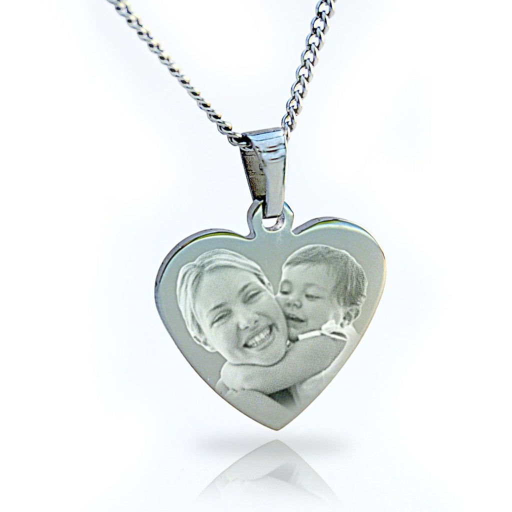 Photo engraved Heart Pendant with 22 inch Necklace Mother's day gift - Engraved Memories