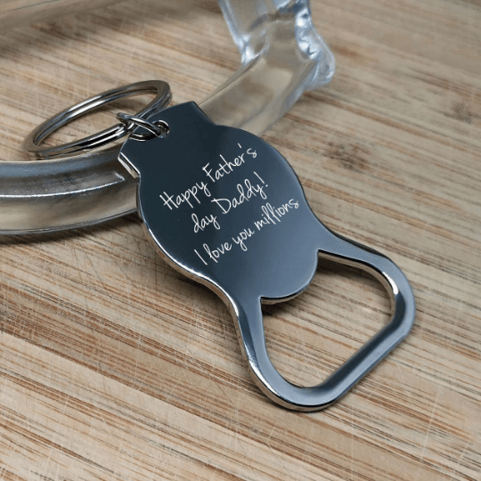 Personalized photo bottle opener keyring with custom engraving, stainless steel core, 5.4cm x 2.5cm.