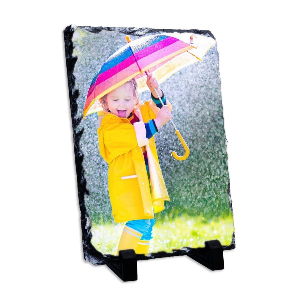 Personalized 15x20 cm natural stone photo slate, high-quality print, rough-cut edges, includes two stand pieces, unique texture.