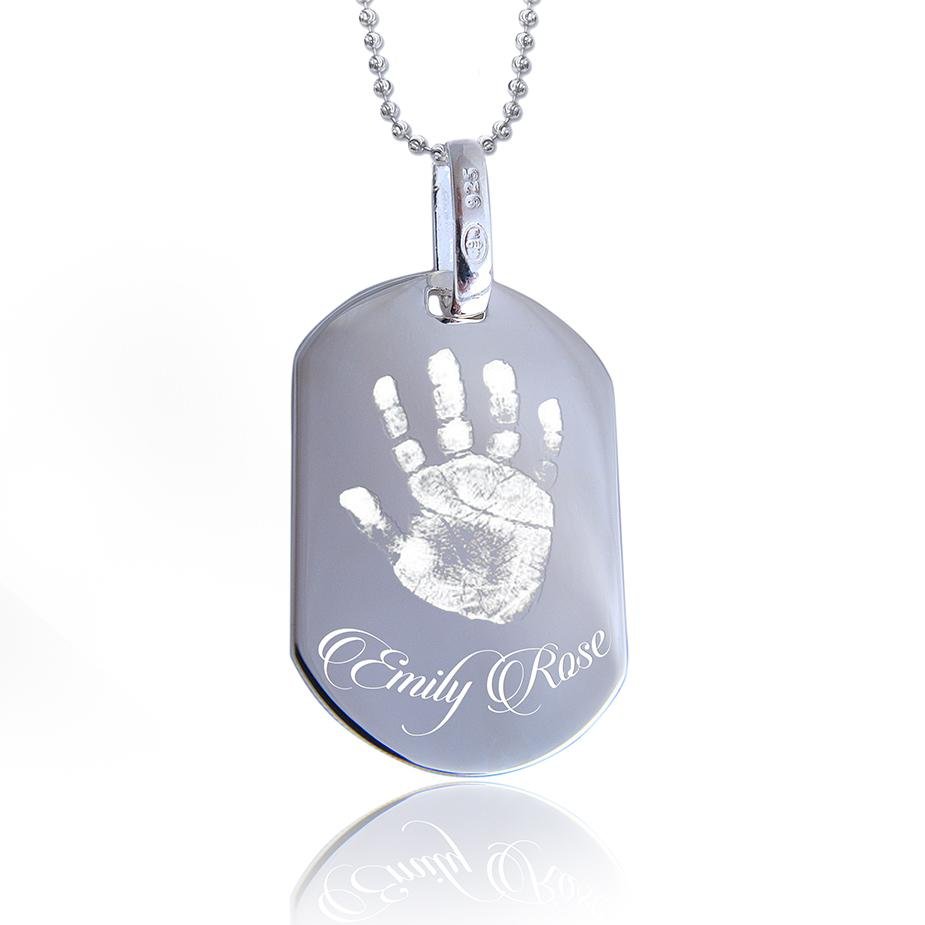 Personalized sterling silver handprint necklace, engraved photo & text, perfect keepsake gift