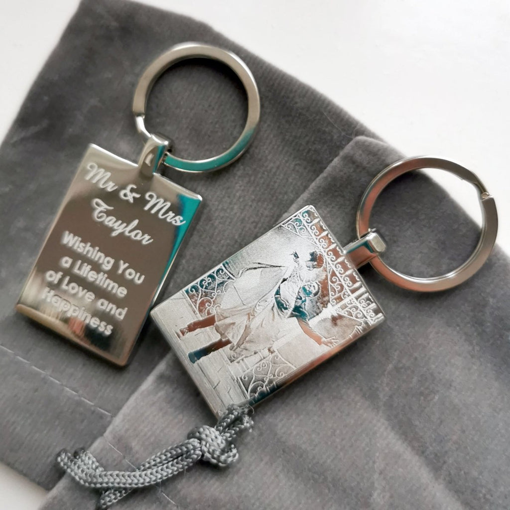 Rectangle Key Chain photo and text engraved, Personalised Keyring solid Stainless Steel, Parents Gift, Father's Day gift, Mother's day Gift - Engraved Memories
