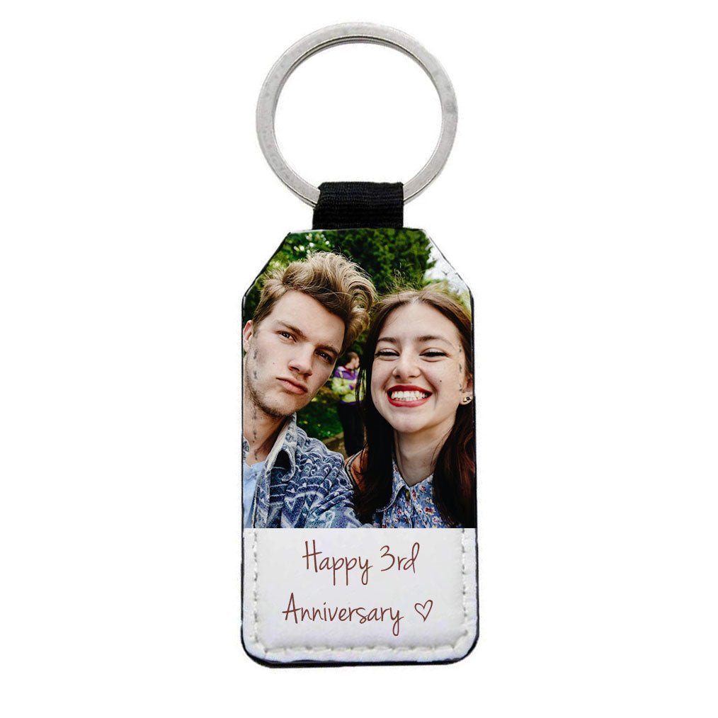 Rectangle photo keyring in faux leather with glitter reverse; perfect personalized gift for any special occasion.