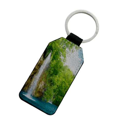 Rectangle photo keyring in faux leather with glitter reverse; perfect personalized gift for any special occasion.