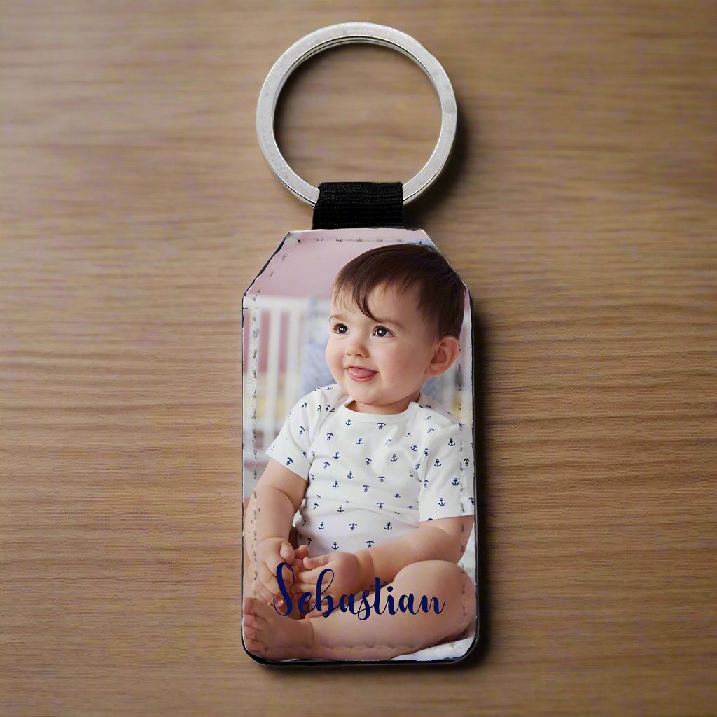 Rectangle Photo Keyring, key chain, faux letter with glitter reverse - Engraved Memories