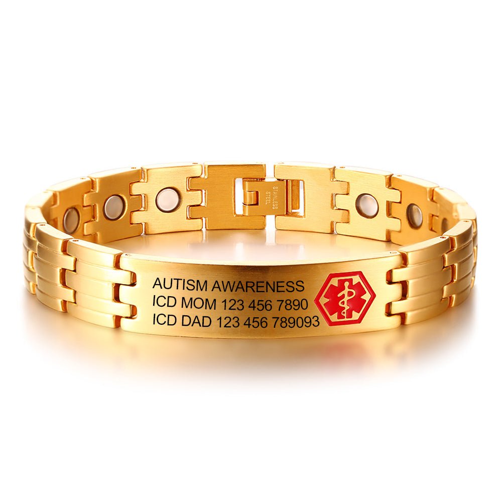 Personalized red medical alert bracelet, titanium steel, gold/white gold/black plated, 21cm, 36.5g.