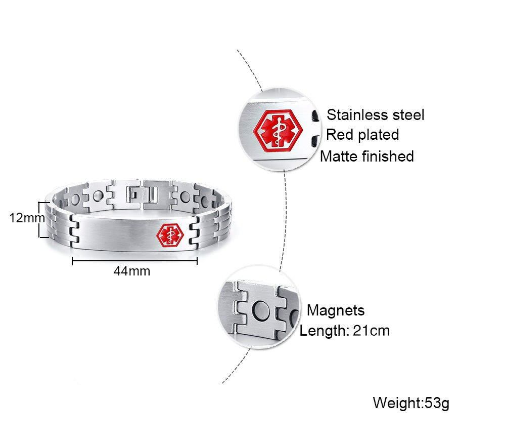 Personalized red medical alert bracelet, titanium steel, gold/white gold/black plated, 21cm, 36.5g.