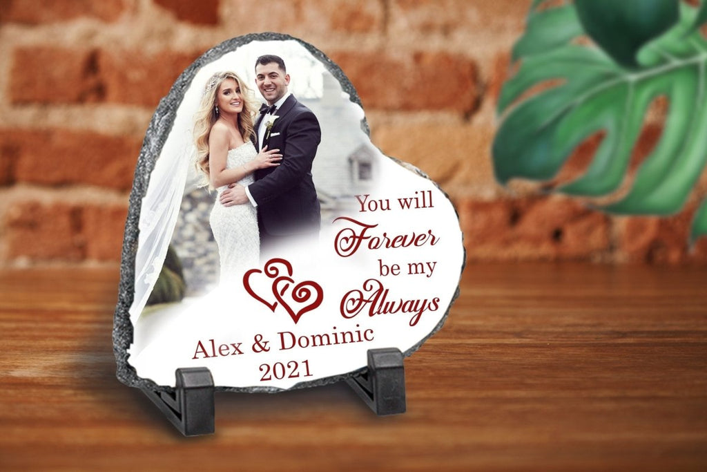Personalized heart-shaped rock photo slate with custom photo and names, perfect anniversary gift.
