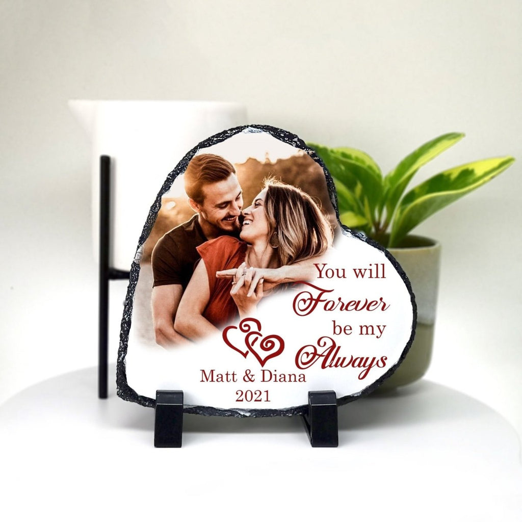 Personalized heart-shaped rock photo slate with custom photo and names, perfect anniversary gift.