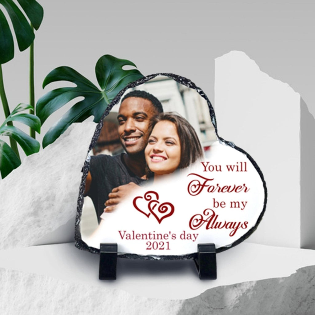 Personalized heart-shaped rock photo slate with custom photo and names, perfect anniversary gift.