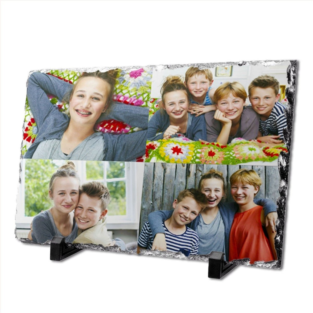 Personalized natural rock photo slate with high-quality print. Available in heart, square, and rectangle sizes. Includes two stand pieces.