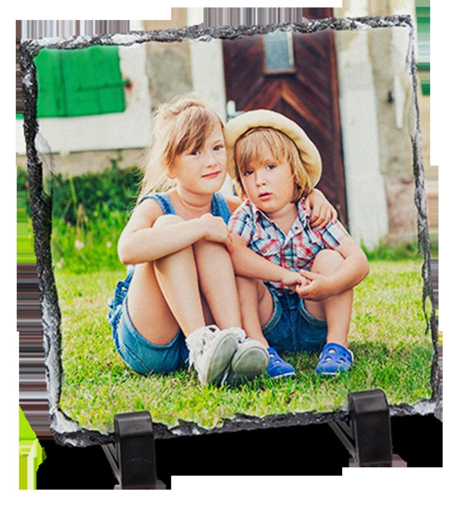 Personalized natural rock photo slate with high-quality print. Available in heart, square, and rectangle sizes. Includes two stand pieces.