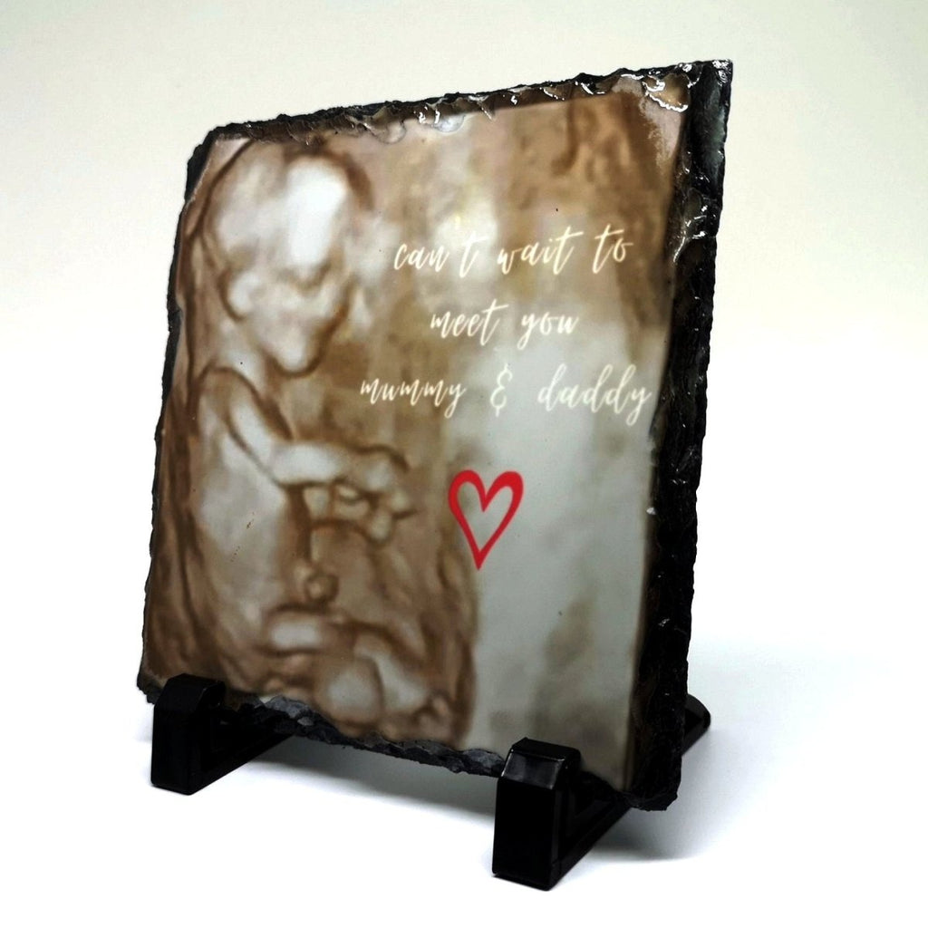 Personalized natural rock photo slate with high-quality print. Available in heart, square, and rectangle sizes. Includes two stand pieces.