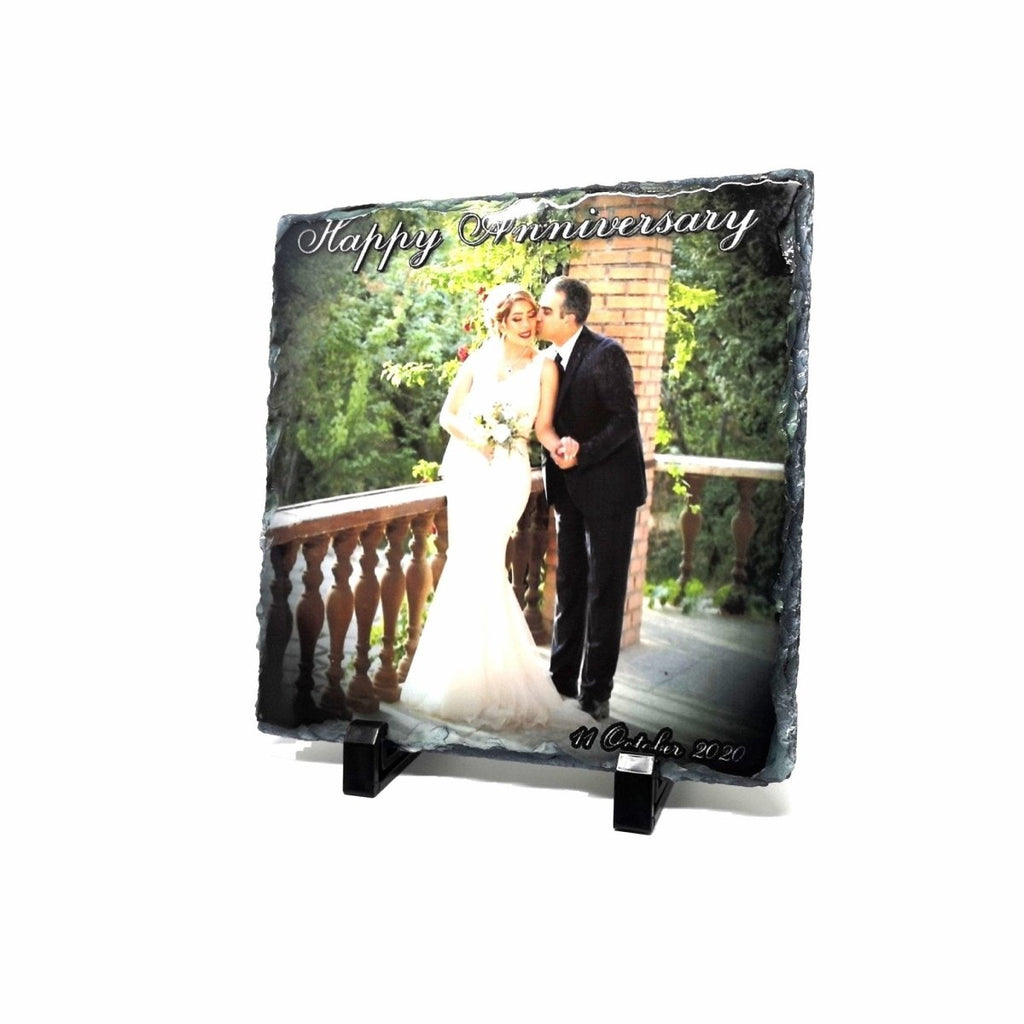 Personalized natural rock photo slate with high-quality print. Available in heart, square, and rectangle sizes. Includes two stand pieces.