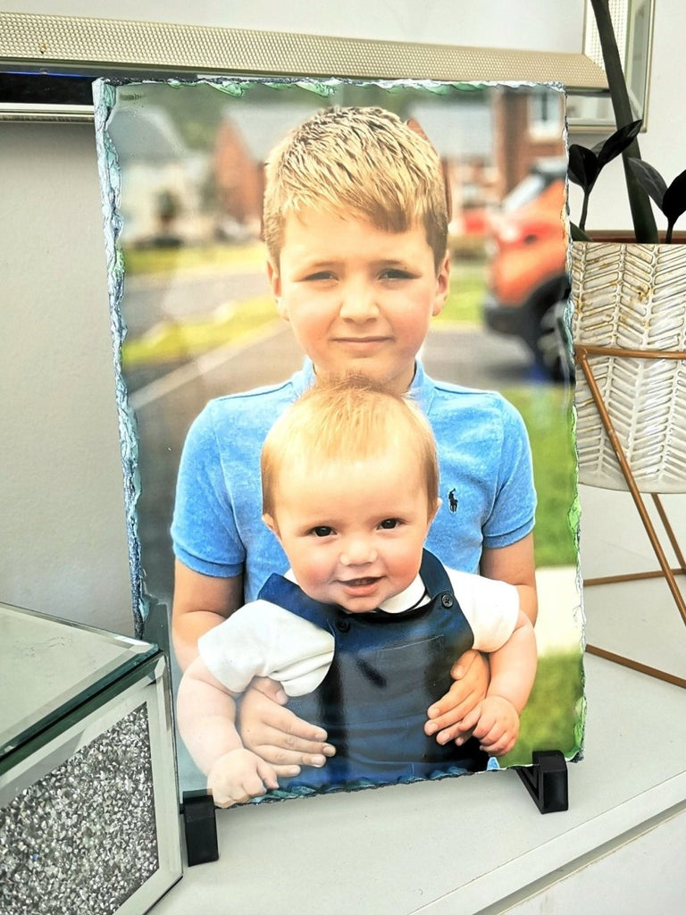 Personalized natural rock photo slate with high-quality print. Available in heart, square, and rectangle sizes. Includes two stand pieces.