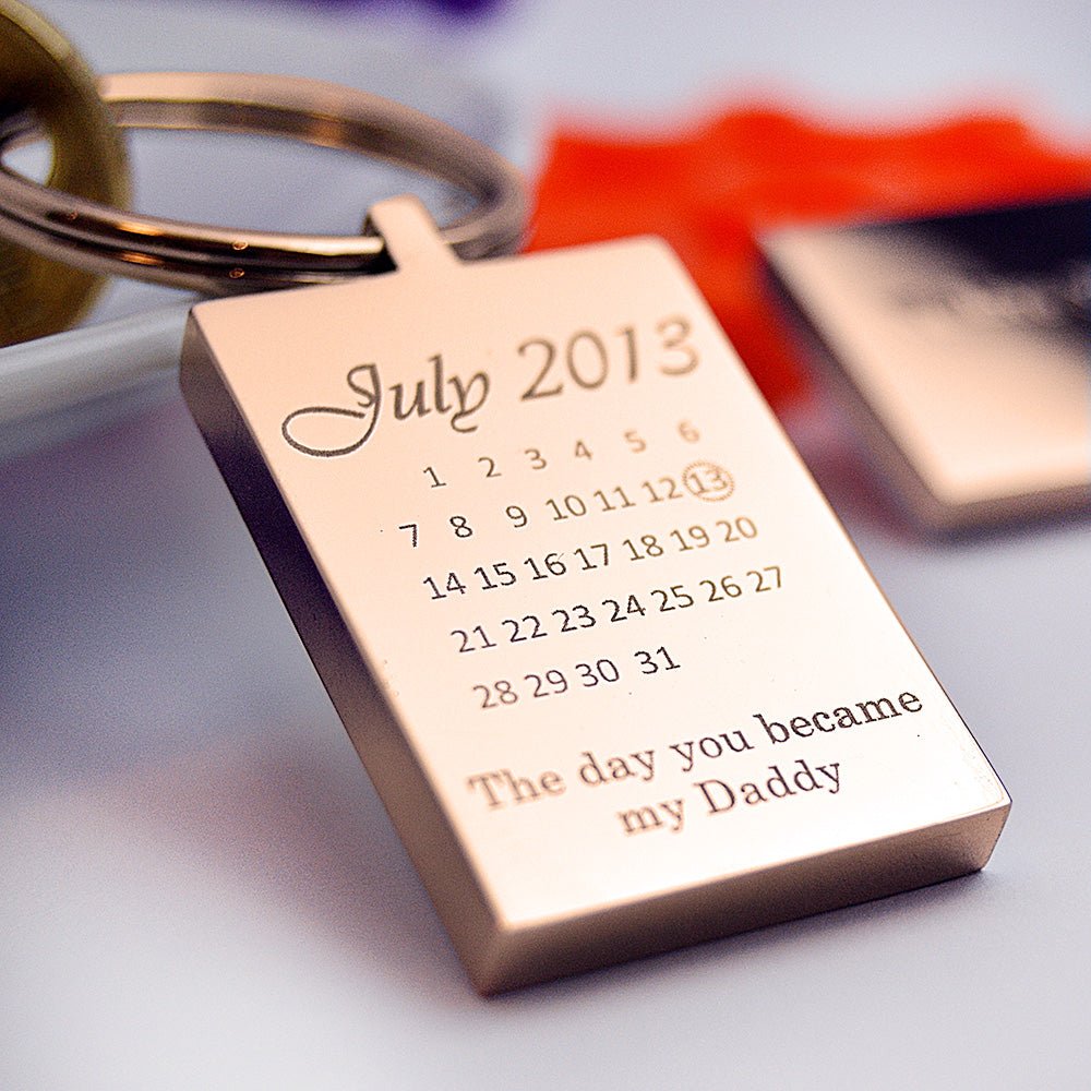 Rose gold Special Date Key Ring, Calendar Keychain Engraved with Photo on reverse Christmas Day gift - Engraved Memories