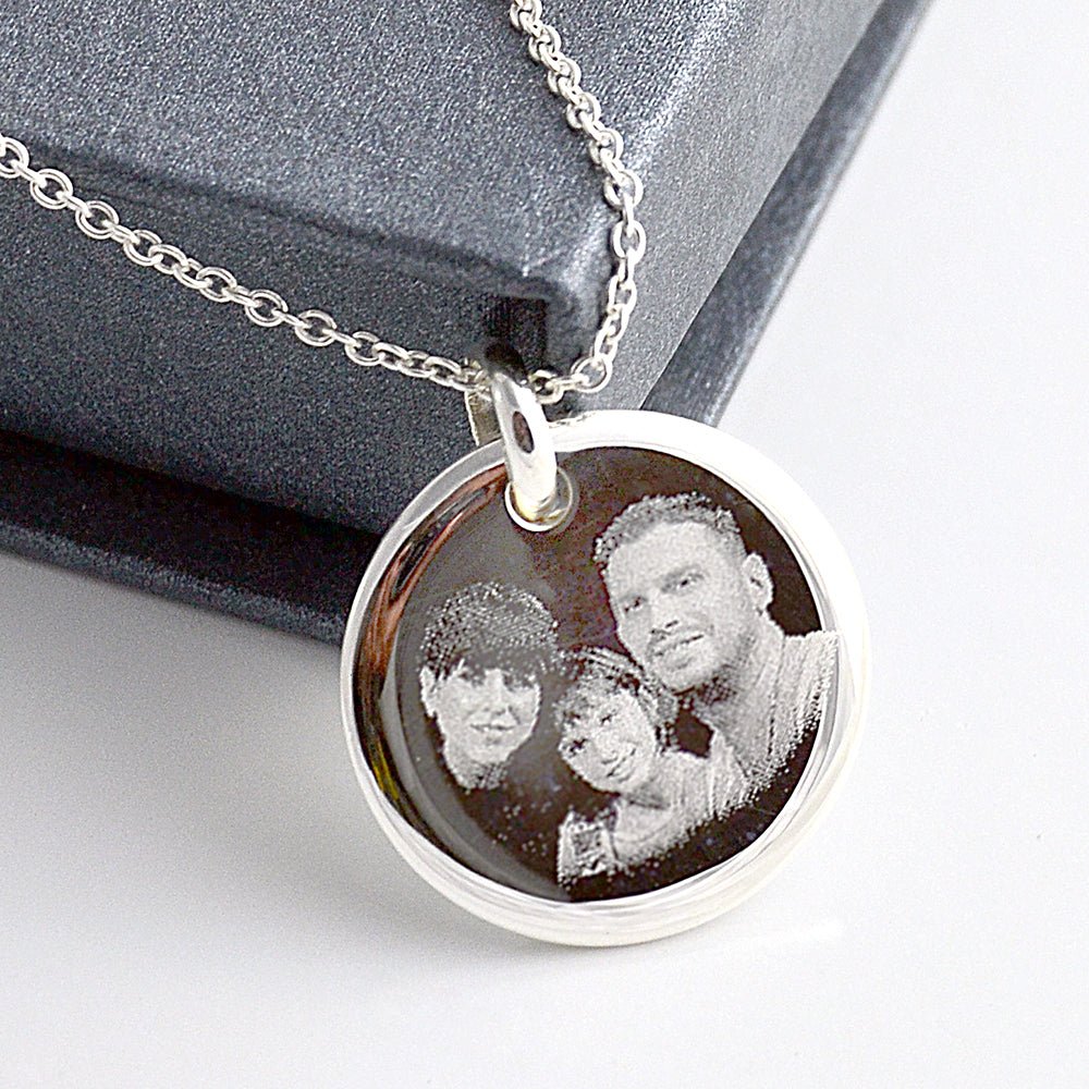 Round Sterling Silver Pendant Necklace | Photo & Text engraved Mother's day gift - Engraved Memories