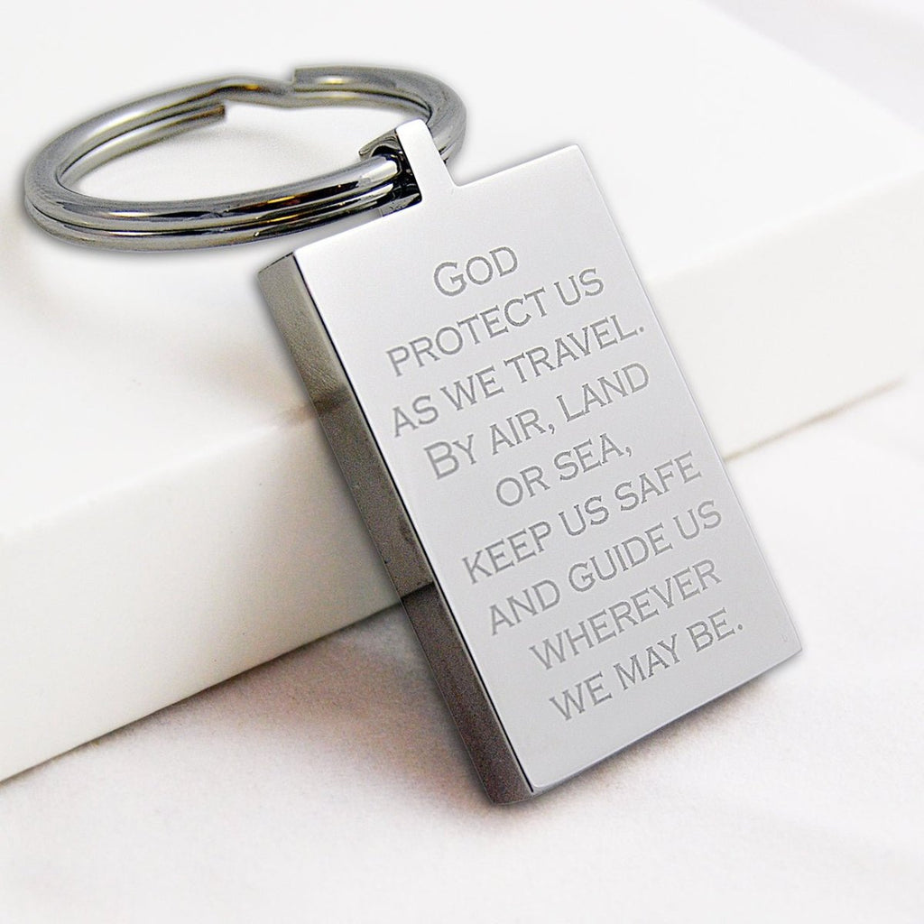 Personalized stainless steel keychain featuring St. Christopher, perfect for travelers. Engrave a prayer or message for safety.
