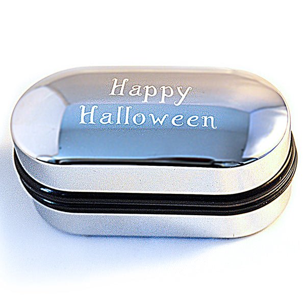 Elegant skull cufflinks with black gemstones, perfect for Halloween parties, presented in a luxury chrome box for personalization.