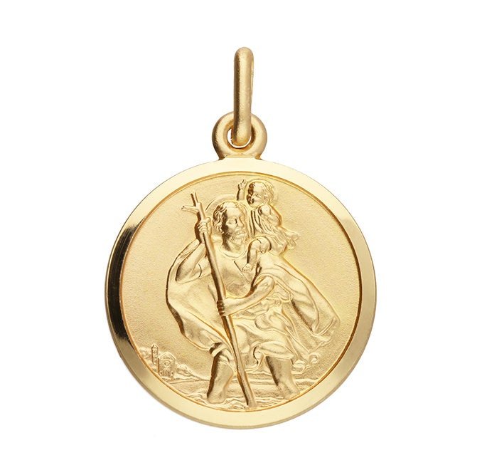 9ct Gold St. Christopher pendant featuring traditional safe travel image. Embossed design, measures 18mm in diameter.